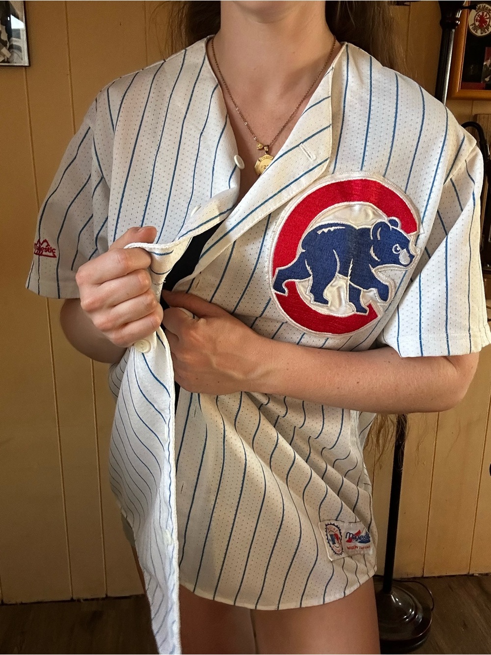 Majestic Chicago Cubs Pinstripe Jersey in White, Blue & Red
